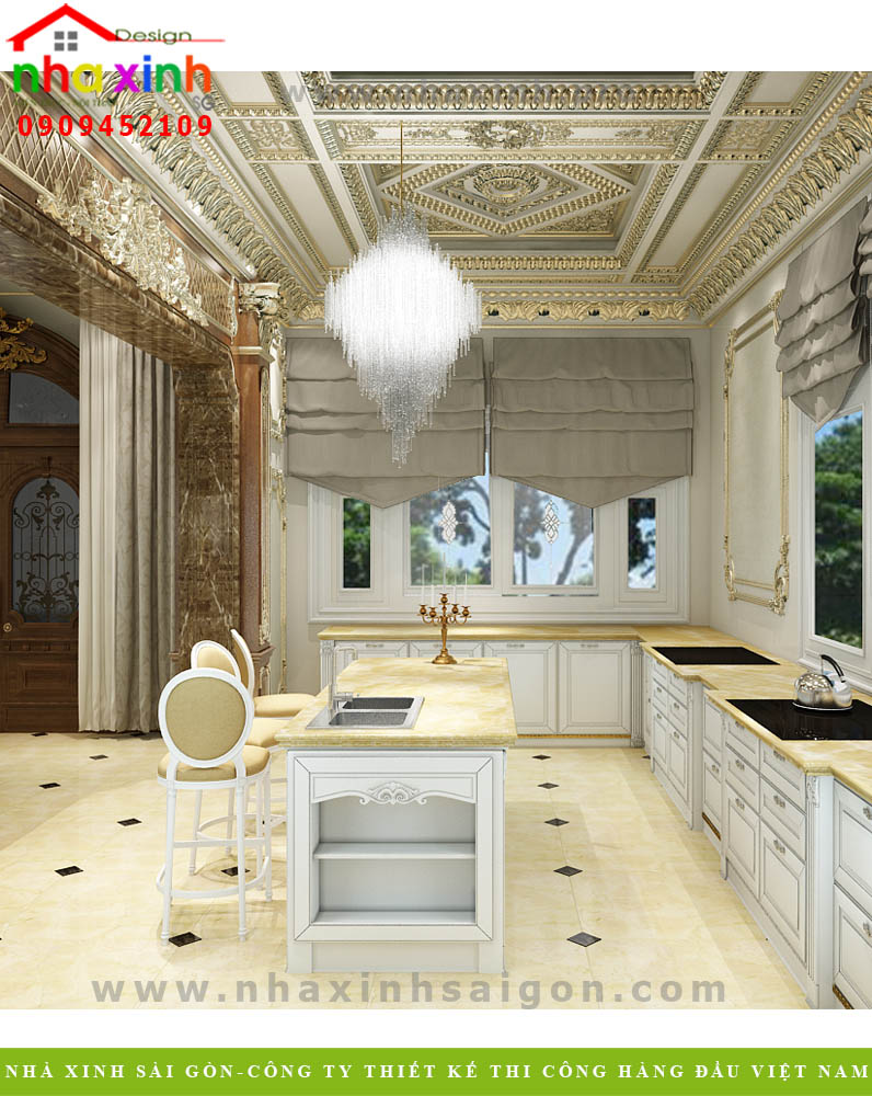 thiết kế phòng bếp của biệt thự cổ điển